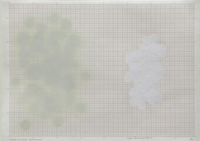 DAMASCENO, Jose. Mixed Media on Graph Paper.: Spray and stickers on graph paper. Signed and dated 2006 lower right. José Damasceno (Brazilian, b. 1968). From a Manhattan, NYC storage unit. Dimensions: 11.5" high x 16.5" wide. Condition: Good, fr