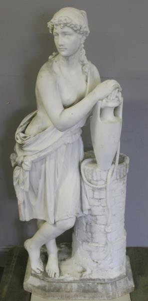LAPINI, Cesare. Large Marble Sculpture "Rebecca at: The Well". Signed bottom verso Cesare Lapini (Italian 1848 - 1893). From a Bedford, NY estate. Dimensions: 50" high x 22" wide x 12" deep approx. Condition: Has been outside and shows staining, missin