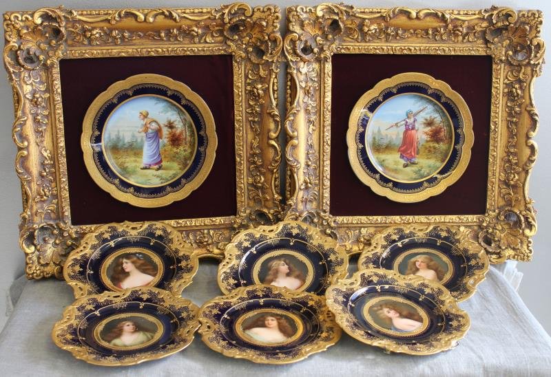 VIENNA. Lot of Cobalt Portrait Porcelain Plates. (1 of 8)