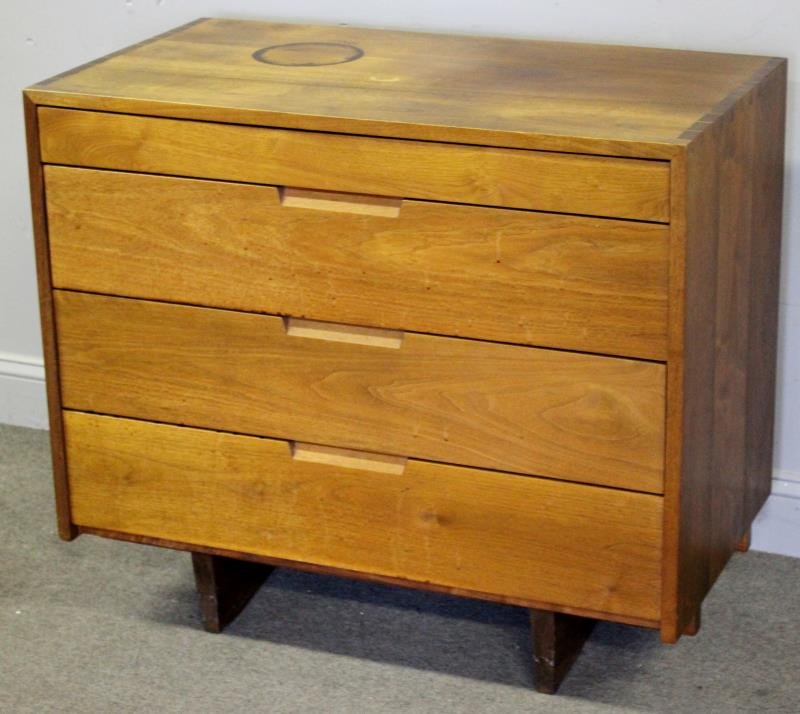 Midcentury George Nakashima Dresser.: Single dresser. Unmarked. Accompanied by Letter of Authentication and original receipt. From a Manhattan, NY estate. Dimensions: 36" w x 20" d x 32" h. Condition: Significant ink? stain to top. Otherw