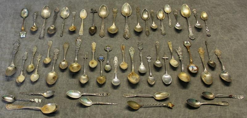 STERLING. Grouping of 66 Assorted Souvenir Spoons. (1 of 10)