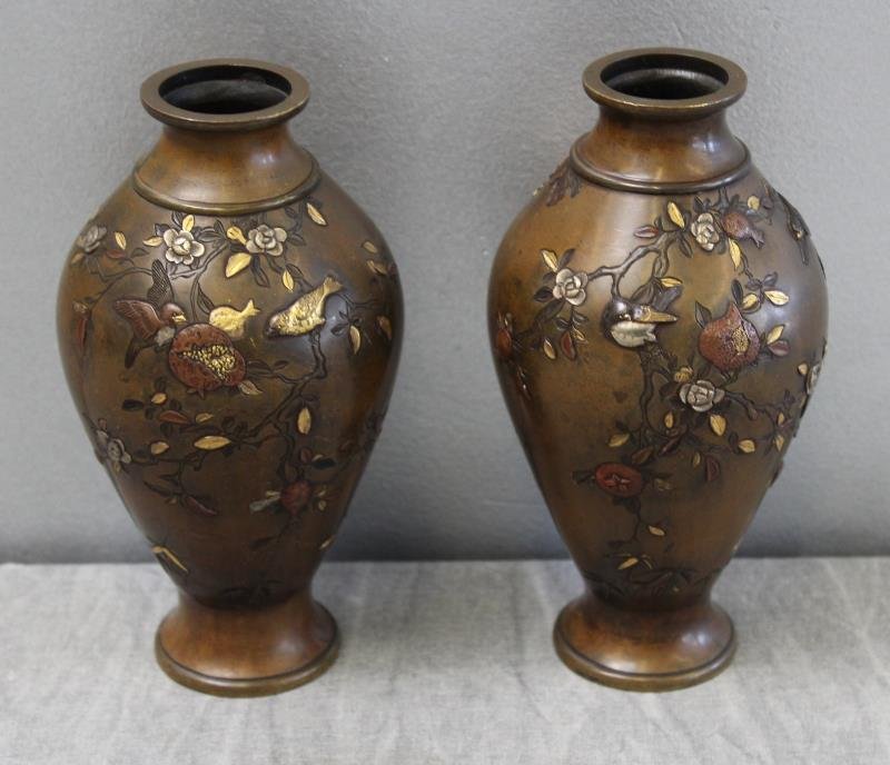 Pair of Signed Japanese Mixed Metal Vases. (1 of 8)