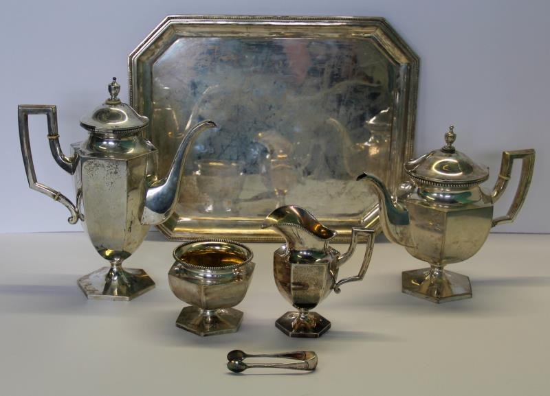 SILVER. German .800 Silver Tea Service with Tray. (1 of 10)