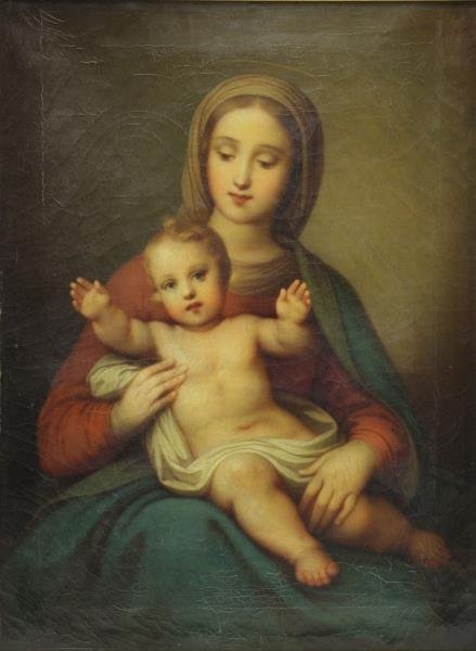19th C. Oil on Canvas. Madonna and Child.: Unsigned. From a Katonah, NY home. Dimensions: 25.5" high x 19" wide. Condition: Craquelure, otherwise good.