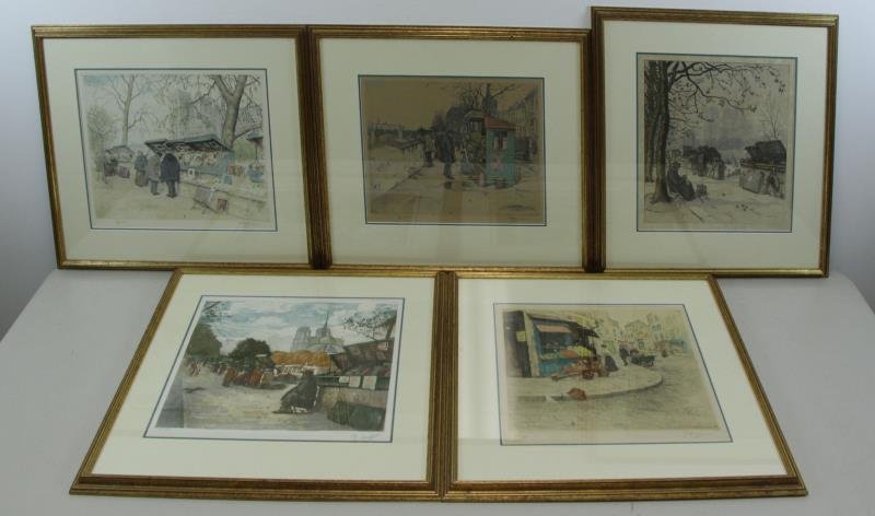 5 Framed Hand Colored Seine River Etchings. (1 of 10)