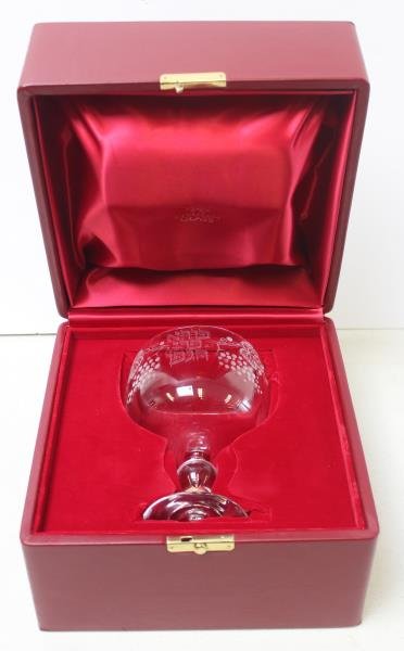 Steuben Large Judaica Goblet in Case.: Etched design with teardrop base. With Hebrew prayer for wine "Fruit of the Vine". In fitted, original Steuben case. From an Old Tappan, NJ home. Dimensions: 7.375" tall, 5.25" across top.