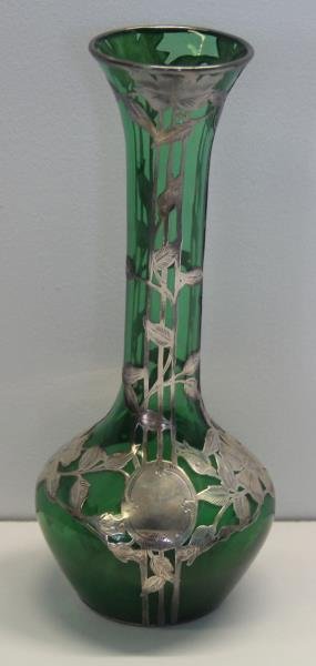 STERLING. Alvin Silver Overlay Green Glass Vase. (1 of 6)