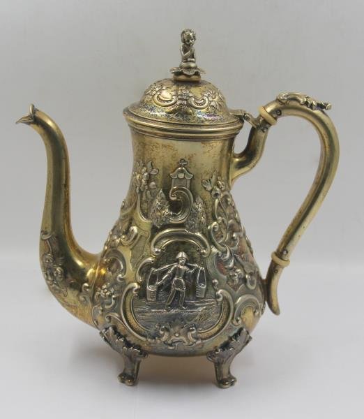 SILVER. Gold Wash Repousse Russian Silver Teapot. (1 of 8)