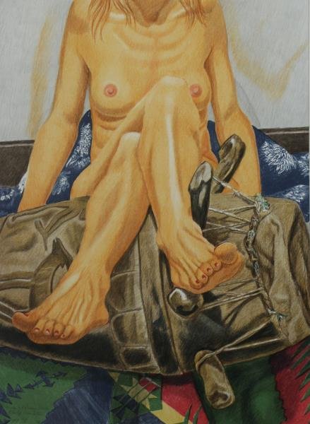 PEARLSTEIN, Philip. Lithograph "Nude with African: Drum" 2006. Signed, titled, dated and numbered PP 2/6 lower left. Philip Pearlstein (American, b. 1924)From a Huntington, NY home. Dimensions: sight - 29" high x 21.75" wide. Condition: Good, framed b