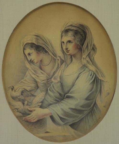 BARTOLOZZI, Francesco. Watercolor. Women with: Doves. Signed lower right. Francesco Bartolozzi (Italian, 1728 - 1815). From an East 64th St, NYC estate. Dimensions: 11.5" high x 9.5" wide. Condition: Toned, appears otherwise good. Framed behind gl