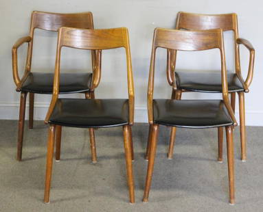 Set of 4 Midcentury Erik Christensen Dining Chairs: Danish dining chairs designed by Erik Christensen for Slagelse Mobelvaerk. with upholstered seats. From a Pelham, NY estate. Dimensions: Arms - 21" w x 21" d x 31.5" h; Side - 18.5" w x 21" d x 31" h