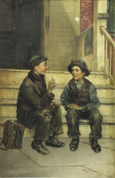 HENRICI, John. Oil on Canvas. Boys on a City Stoop (1 of 7)