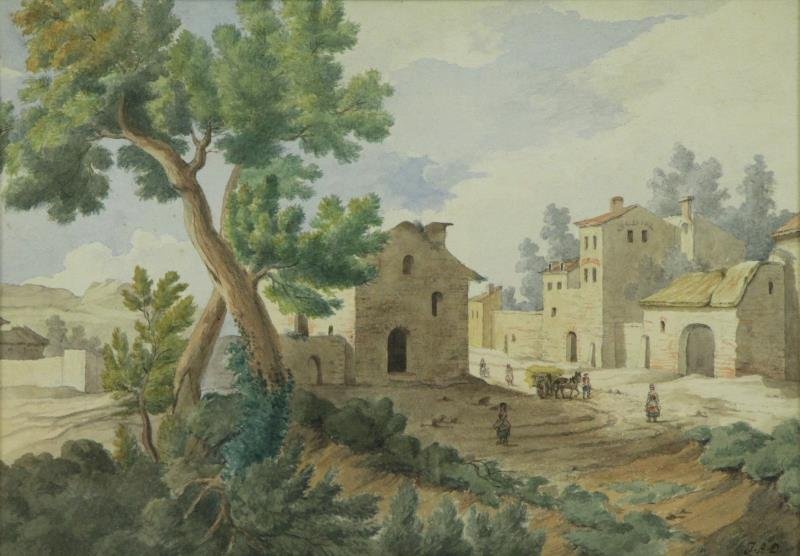 DAVID, Joseph Antoine. Watercolor. French Village.: Initialed lower right. Hand adorned mat inscribed 'Collection Livon-Daine'. Joseph Antoine David (French, 1725–1789). From a Monsey, NY location. Dimensions: Sight - 8.5" high x 12.25" wide. Conditi