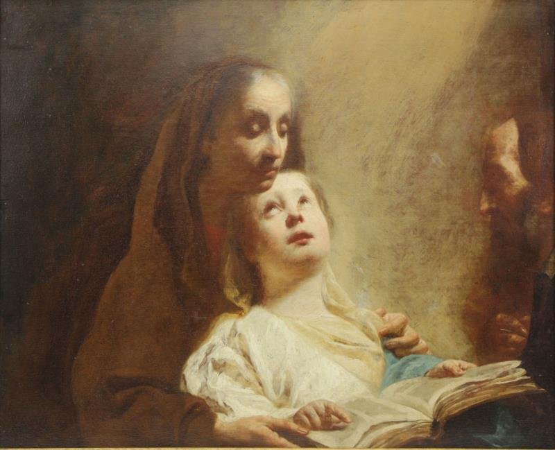 ANGELI, Giuseppe. Oil on Canvas. "The Education of: The Virgin". Giuseppe Angeli (Italian, 1709 - 1798). Attributed based on supporting letters from George Knox and Adriano Mariuz. With labels from Wadsworth Atheneum, Hartford, CT and Museum of Fine Ar