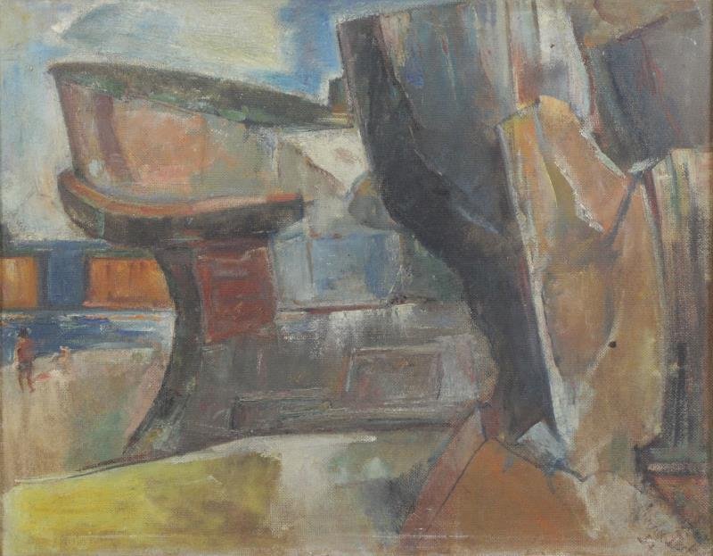 BECKER, Maurice. "Quarry Forms" Rockport, Mass,: 1952. Signed and dated lower right, further signed, dated and inscribed verso. Maurice Becker (American, 1889 - 1975). From an East 3rd St, NYC estate. Dimensions: 22" high x 28" wide. Condition: Surf