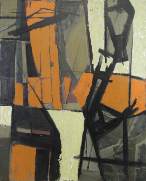WATSON, J.B. Oil on Canvas "Cantilever" 1958.: Signed lower right, further signed, titled and dated verso. From an East 3rd St NYC estate. Dimensions: 42" high x 34" wide. Condition: Areas of scattered losses and lifting paint, most significantly 