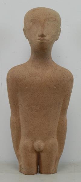 ZORACH, William. Terracotta Sculpture. Male Nude.: Initialed and dated 1956 on one leg. William Zorach (American, 1887 - 1966). From a Hickory Grove, SC home. Dimensions: 21" high x 6" wide x 6" deep. Condition: Scuff to figure's left arm, approx. 4" 