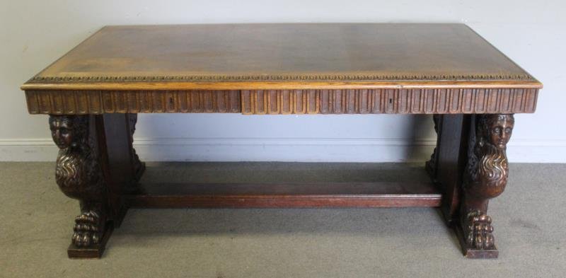 Highly Carved Oak Two Drawer Desk (1 of 4)