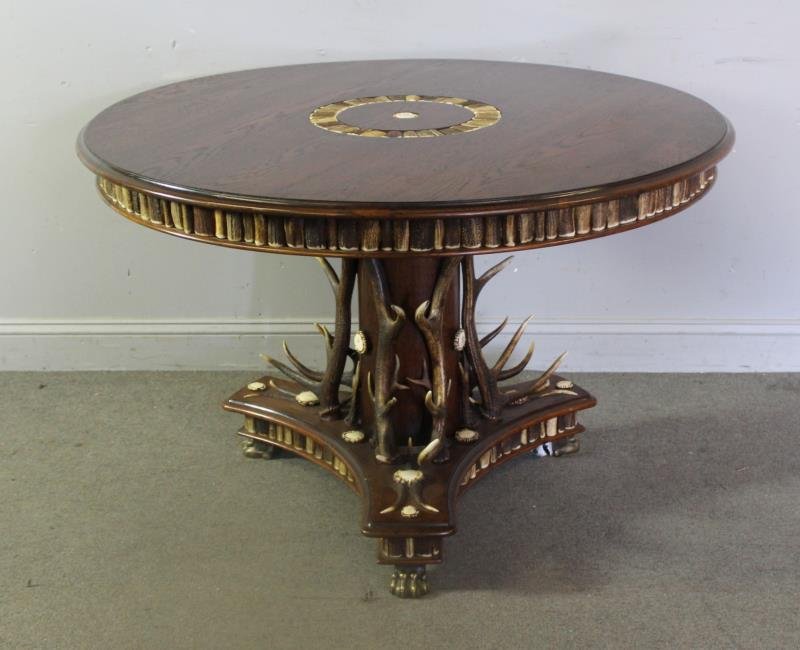 Antler Mounted And Inlaid Oak Center Table . (1 of 6)