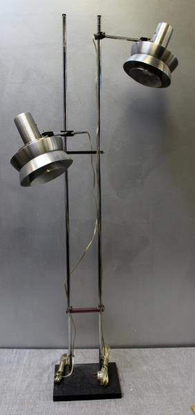 Midcentury Lyfa Adjustable Floor Lamp.: Stainless shades and slate base. Unmarked. From a Manhattan, NY estate. Dimensions: 46" h o/a. Condition: Good.
