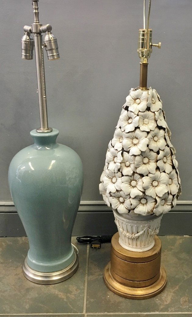 Modern Lamp Lot Including Paul Hanson: Robin's Egg Ceramic Table Lamp. Together with a floral basket form porcelain table lamp by Frederick Cooper. From a Manhattan, NY estate. Dimensions: 17" h & 19" h ceramic only. Condition: Floral need