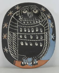 PICCASSO, Pablo. "Hibou Mat" Madoura Ceramic.: Inscribed "EDITION PICASSO MADOURA" and stamped with the 'MADOURA PLEIN FEU' and 'EDITION PICASSO' pottery stamps on the reverse. Dimensions: 15.25" high x 12.5" wide. Condition: Very good.