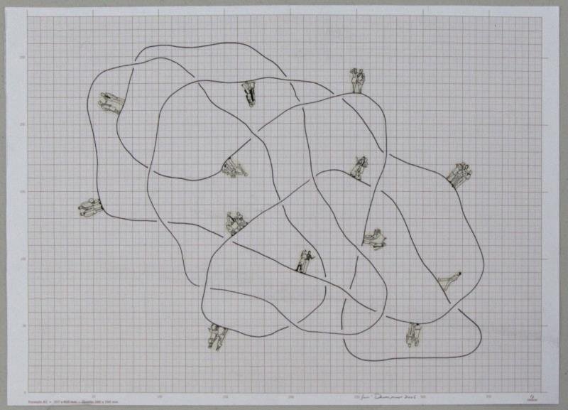 DAMASCENO, Jose. Mixed Media on Graph Paper.: Figures. Ink and stickers on graph paper. Signed and dated 2006 lower right. José Damasceno (Brazilian, b. 1968). From a Manhattan, NYC storage unit. Dimensions: 11.75" high x 16.5" wide. Condition: 