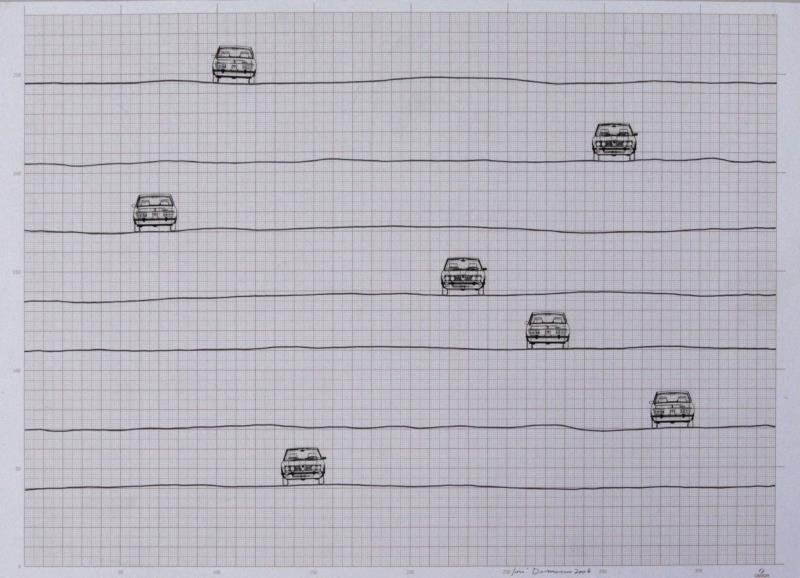 DAMASCENO, Jose. Mixed Media on Graph Paper. Cars.: Ink and stickers on graph paper. Signed and dated 2006 lower right. José Damasceno (Brazilian, b. 1968). From a Manhattan, NYC storage unit. Dimensions: 11.75" high x 16.5" wide. Condition: Unframed,