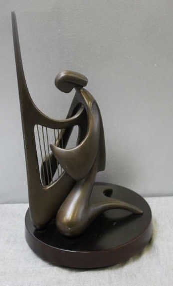 HALVANI, Victor. Modernist Bronze. Harpist.: Patinated. Signed and inscribed 'Victor Halvani A.P.' Victor Halvani (Israeli, b.1930). From a Lawrence, NY estate. Dimensions: 9" high. Condition: Nice original patina, missing one string on harp.