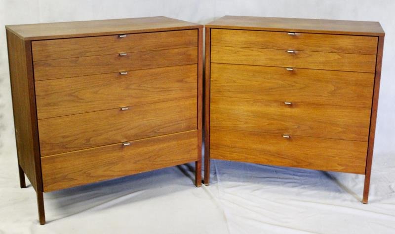 Midcentury Pair of Knoll Dressers.: With chrome pulls. Labeled Knoll Associates to underside. White laminate backboard. From a Mamaroneck, NY estate. Dimensions: 36" w x 20" dx 36.5" h. Condition: With minor scratches from age and use b