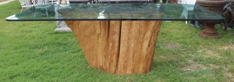 Tree Stump Table With Glass Top: Nice rustic look with thick glass top . From a Stamford, CT estate. Dimensions: 90" w x 48" d x 29" h. Condition: good , wethered