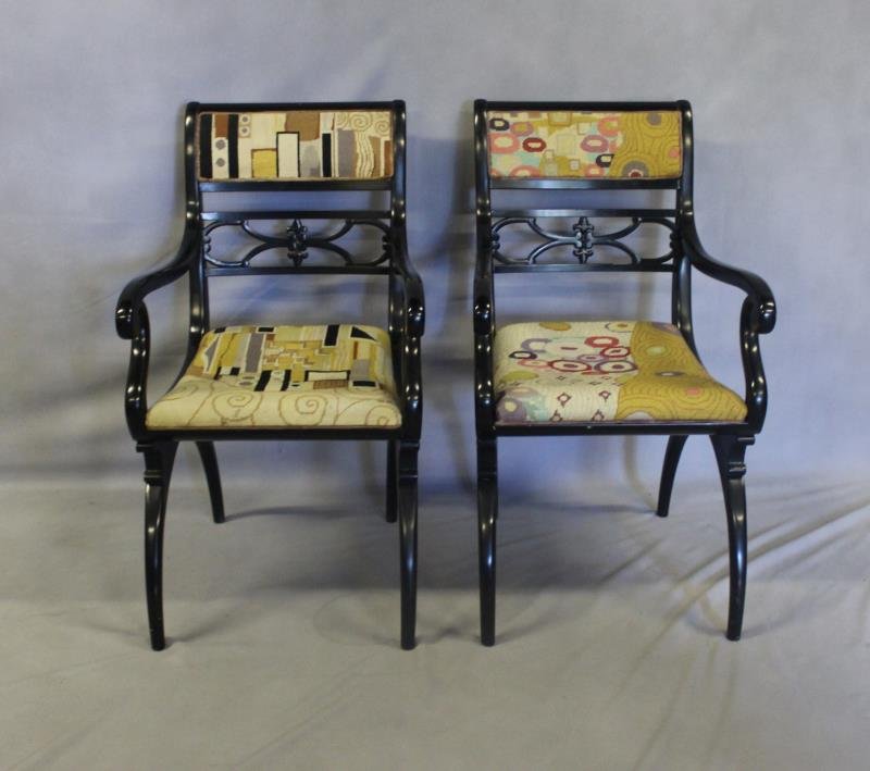 Pair of Regency Style Black Lacquered Arm Chairs. (1 of 9)
