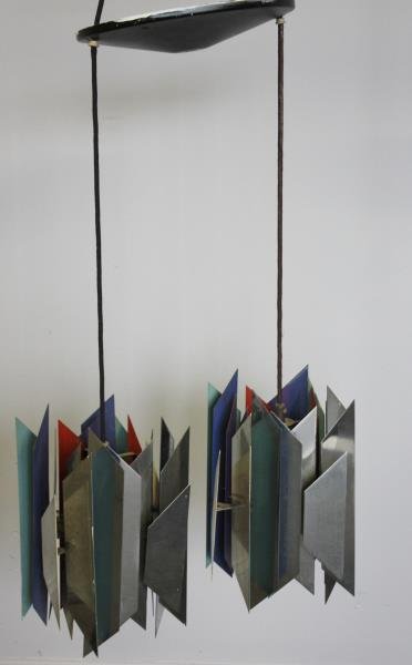 Midcentury Simon Henningsen Tivoli Chandelier: Dual pendant with vertical chrome shades painted to insides. Marked Made in Denmark to interior. From a Brooklyn, NY estate. Dimensions: 9.5" diameter x 13" h shade only.