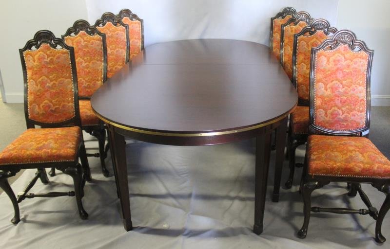 Dining Table and 8 Chairs.: From a Scarsdale, NY. Dimensions: Table - 48" w x 99" long x 30" h, chairs - 20" w x 21" d x 44" h.
