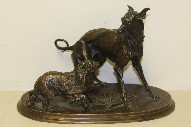 MENE,P.J.Bronze ,Sculpture Of Whippet & Dog: Bronze with brown patina , signed (Pierre Jules Mene French 1810 - 1879 ). From the estate of sculptor Marilyn Newmark . Dimensions: 10" x 6.5"H Condition: good