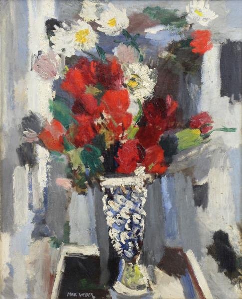 WEBER, Max. Oil on Board. Flowers in a Vase.: Signed lower left. Max Weber (American, 1881 - 1961). From a Westchester, NY estate. Dimensions: 23" high x 19" wide. Condition: Good, slighty dirty.