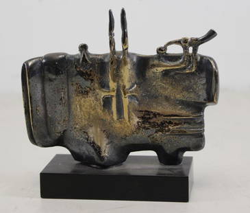 WEINBERG, Elbert. Patinated Metal Abstract: Figural Sculpture. Initialed 'EW 8' on back. Elbert Weinberg (1928 - 1991). From the estate of Vera G. List, renowned art collector and philanthropist. Dimensions: 5" high x 6.25" wide x 1" deep. Cond