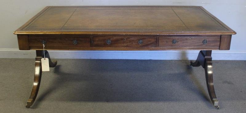 19th Century Leathertop Partners Desk With: 6 Drawers. From a Washington, CT estate. Dimensions: 72" w x 42" d x 30" h. Condition: Good, with scuffs, and scratches.