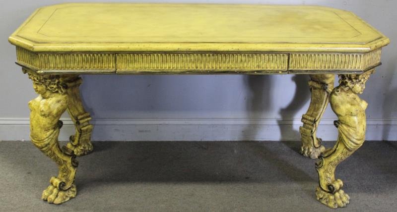 Signed , Painted 1 Drawer Table With Figural Legs.: A nice 1 drawer table raised on carved figural legs . The finish possibly by famed Hollywood Regency designer ,Phyllis Morris who signed in drawer . From a Whitestone NY estate .6o"W x 30" x 30"