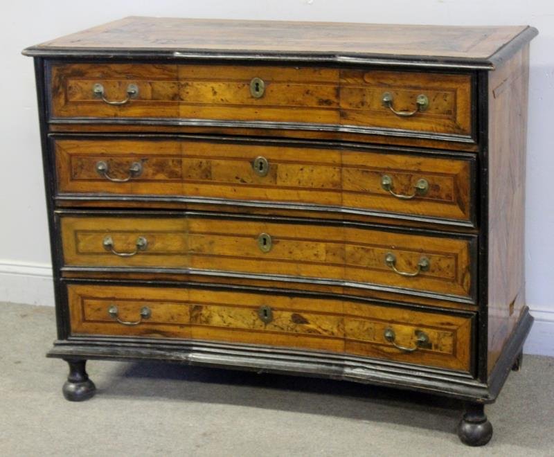 18th Century Concave Front Commode.: From a Palm Beach, FL estate. Dimensions: 44.5" w x 22" d x 36" h. Condition: With some veneer losses and lifting.