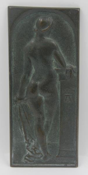 Bronze Albrecht Durer Plaque of a Figure.: Signature and date of 1509? right center. From a Larchmont, NY estate. Dimensions: 2.5" w x 5.675" h.