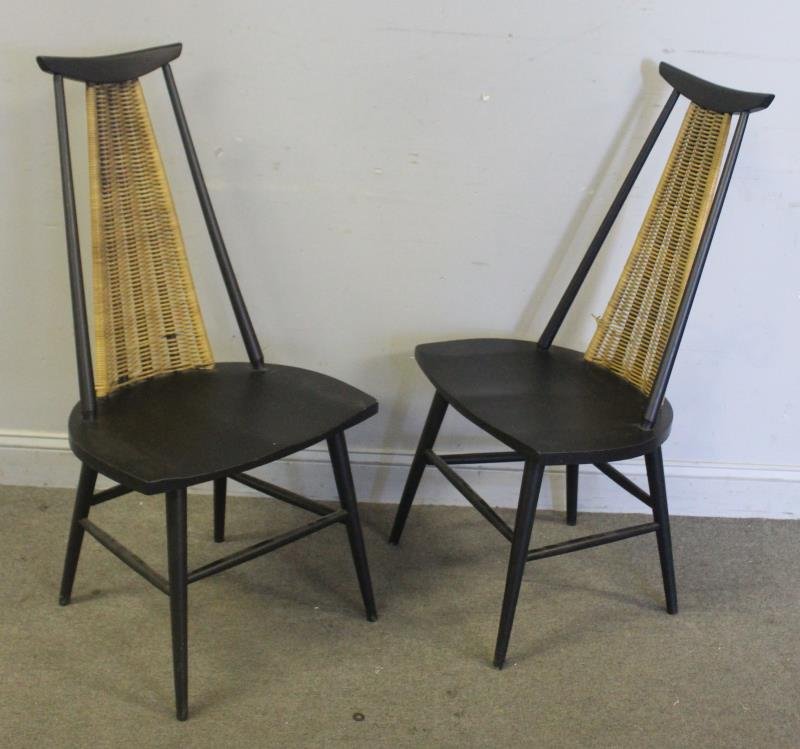 Midcentury Pair of Paul McCobb Style Chairs.: Pair of black laquered midcentury chairs with added woven back decoration. In the style of Paul McCobb. Unmarked. From a Long Island, NY estate. Dimensions: 22" w x 22" d x 41" h. Condition: Good with