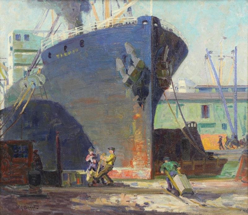 DRAKE, William A. Oil on Canvas. Ships in New York: Harbor. Signed lower left. William Drake (Candian, active in New York, 1891 - 1964). From the New Jersey estate of the artist. Dimensions: 25" high x 29" wide. Condition: Lined, craquelure, otherwise 