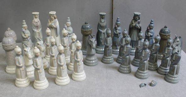 Lladro Porcelain Chess Set.: 1 piece with damage, others with chips. From a Lawrence, L.I. estate.