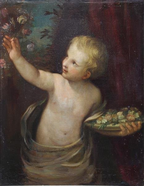 19th C. Oil on Canvas. Cherub with Flowers.: Unsigned. From a Harrison, NY estate. Dimensions: 28" high x 22" wide. Condition: Lined, craquelure, losses and flaking, especially at upper left, retouching along upper margin.