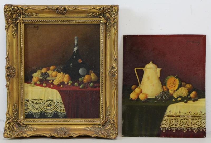 KOWALS, Franz. Pair of Oil on Panel Still Lifes.: Both signed. From a Riverdale, NY estate. Dimensions: 10" high x 8" wide. Condition: One unframed. Framed panel has craquelure, both with cigarette smoke residue on surface.