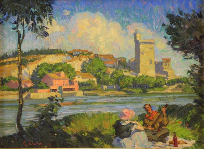 ENDRES, Louis. Oil / Panel. Riverside Picnic, 1924: Signed and dated lower left. Louis Endres (American, 1896 - 1989). From a Greenwich, CT estate. Dimensions: 11.5" high x 15.5" wide. Condition: A few light scratches, two small losses lower left.