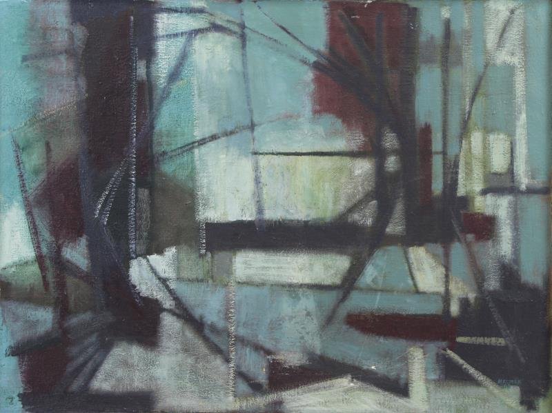 KLIMEK, Margaret. Oil on Canvas "Relinquishing the: Past" 1963. Signed and dated lower right. Artist's label affixed verso. Margaret Klimek Phillips (American, 1926–2002). From a Bronxville, NY home. Dimensions: 24" high x 32" wide. Condition: A few
