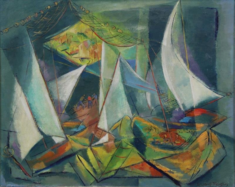 FEIGIN, Dorothy. Oil on Canvas. "Sails".: Scene. Signed lower right, artist's label and inscriptions verso. Dorothy Lubell Feigin (American, 1904 - 1969). From a Fairfield, CT home. Dimensions: 24" high x 30" wide. Condition: Pressure craquel