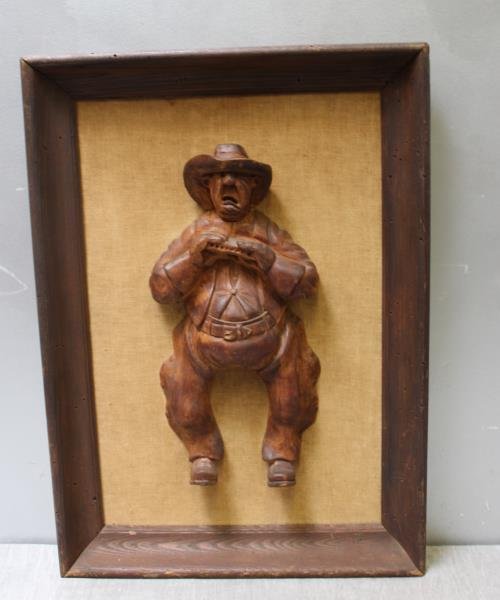 DUFF, Tweed . Original Wood Carving In Shadow Box: Style Frame. Carving 18" h x 9" w, frame 27" x 20". Dedication on back dated '59. From a Yonkers, NY estate. Condition: Good.